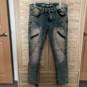 Men’s FUSAI stretch skinny jeans, front zip/button fly, 6 pockets, 34/32